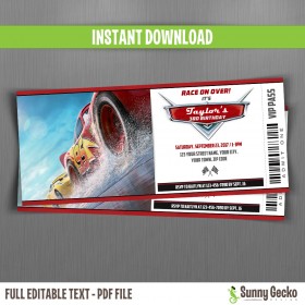 Cars 3 Birthday Ticket Invitations - Lightning McQueen